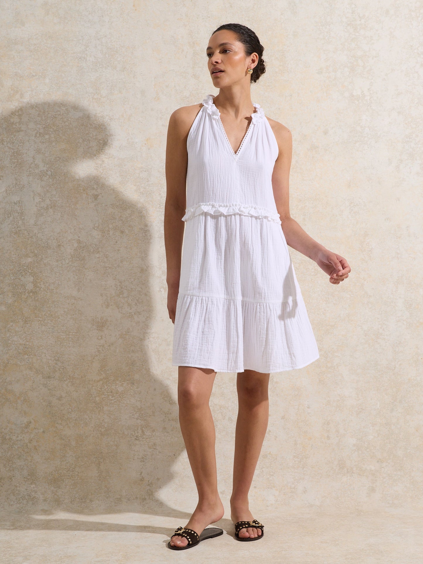 Petite White Frill-Detail Halterneck Cheesecloth Mini Dress
