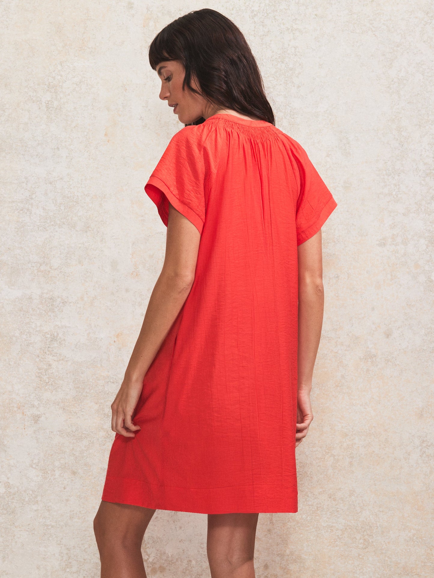 Red Gathered-Detail Short Dress
