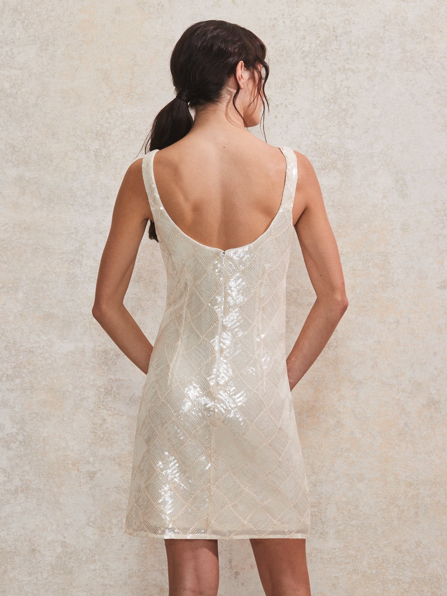 White Sequin Square-Neck Mini Dress