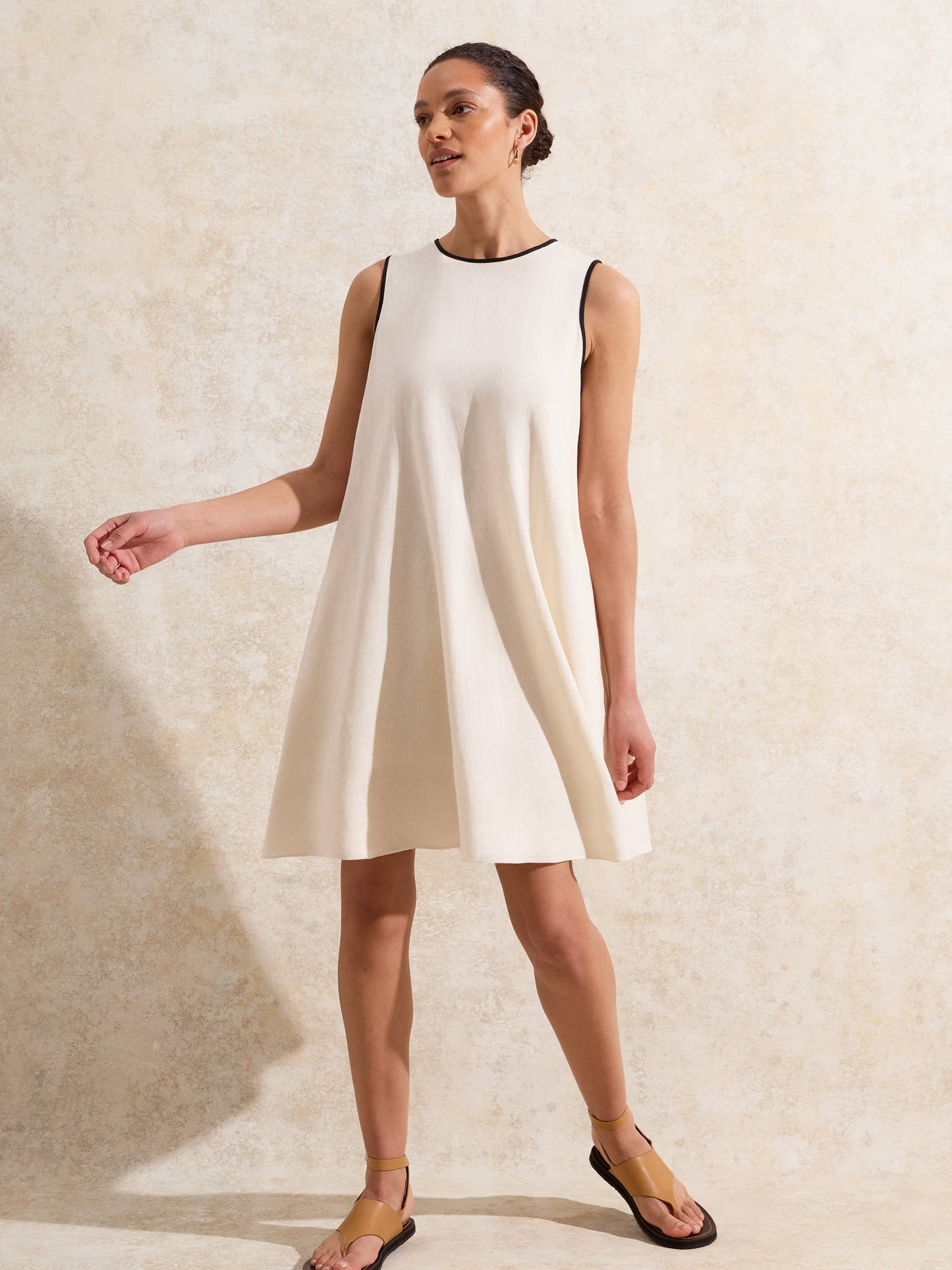 Cream Linen Blend Piping Detail Short Dress