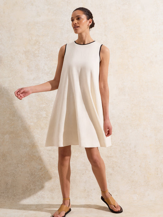 Cream Linen Blend Piping Detail Short Dress