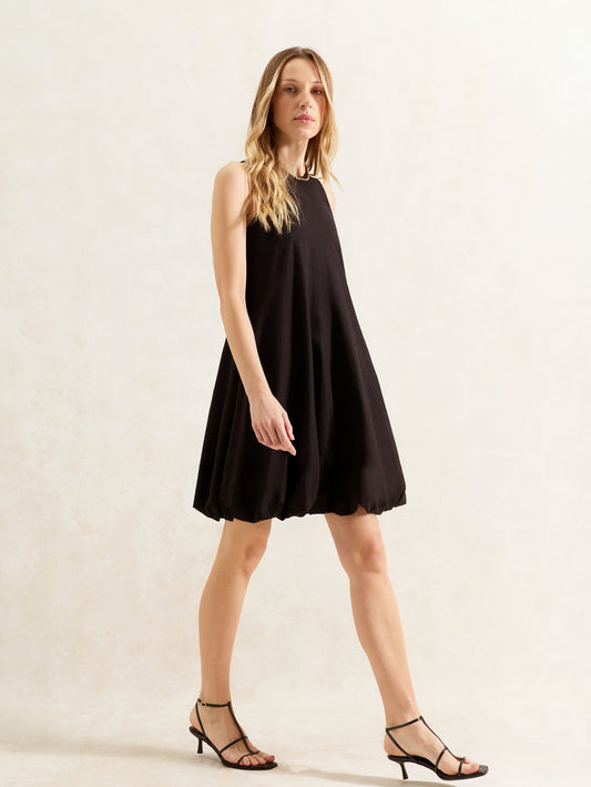 Black Puffball Linen Blend Dress