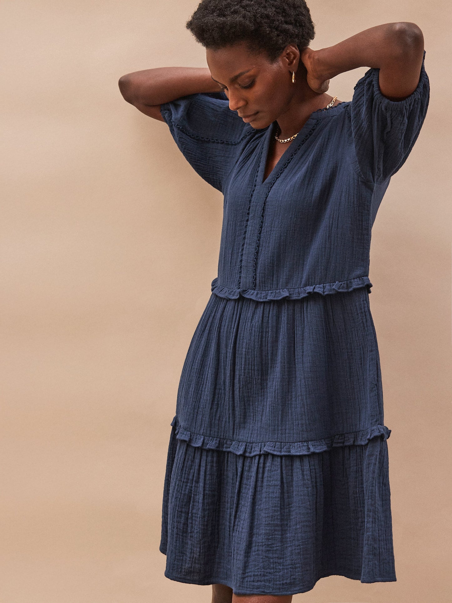Petite Navy Frill-Detail Cheesecloth Mini Dress