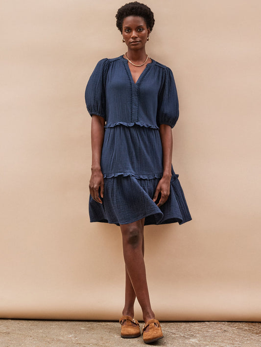 Petite Navy Frill-Detail Cheesecloth Mini Dress