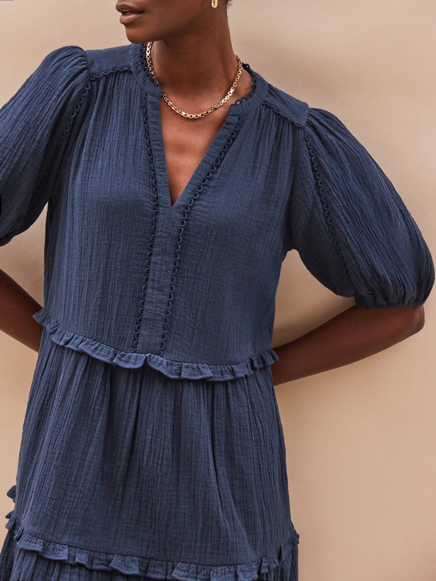 Navy Frill-Detail Cheesecloth Mini Dress