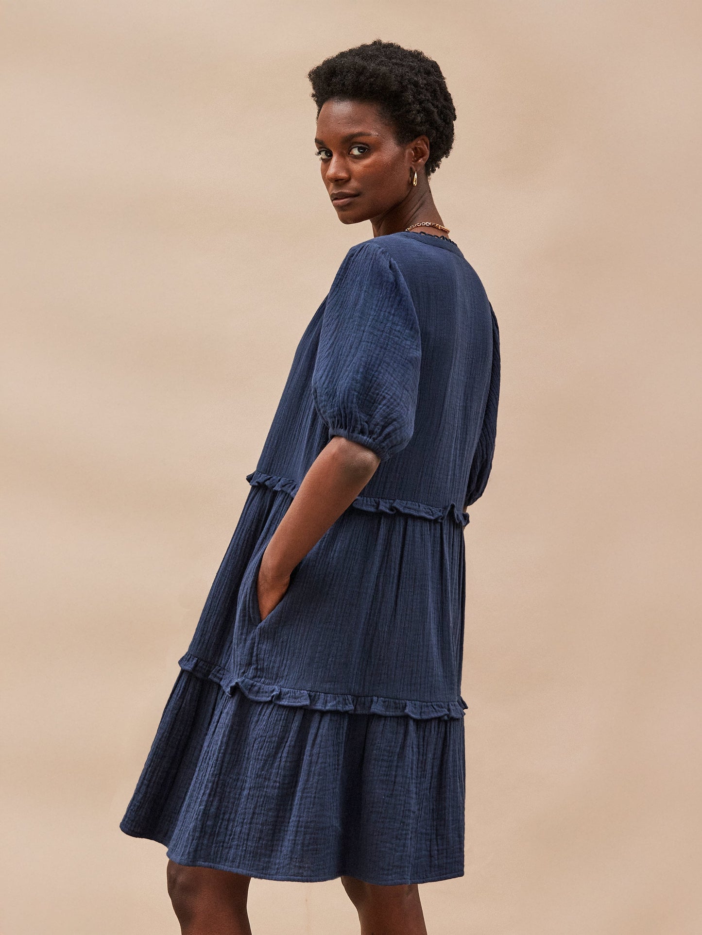 Navy Frill-Detail Cheesecloth Mini Dress