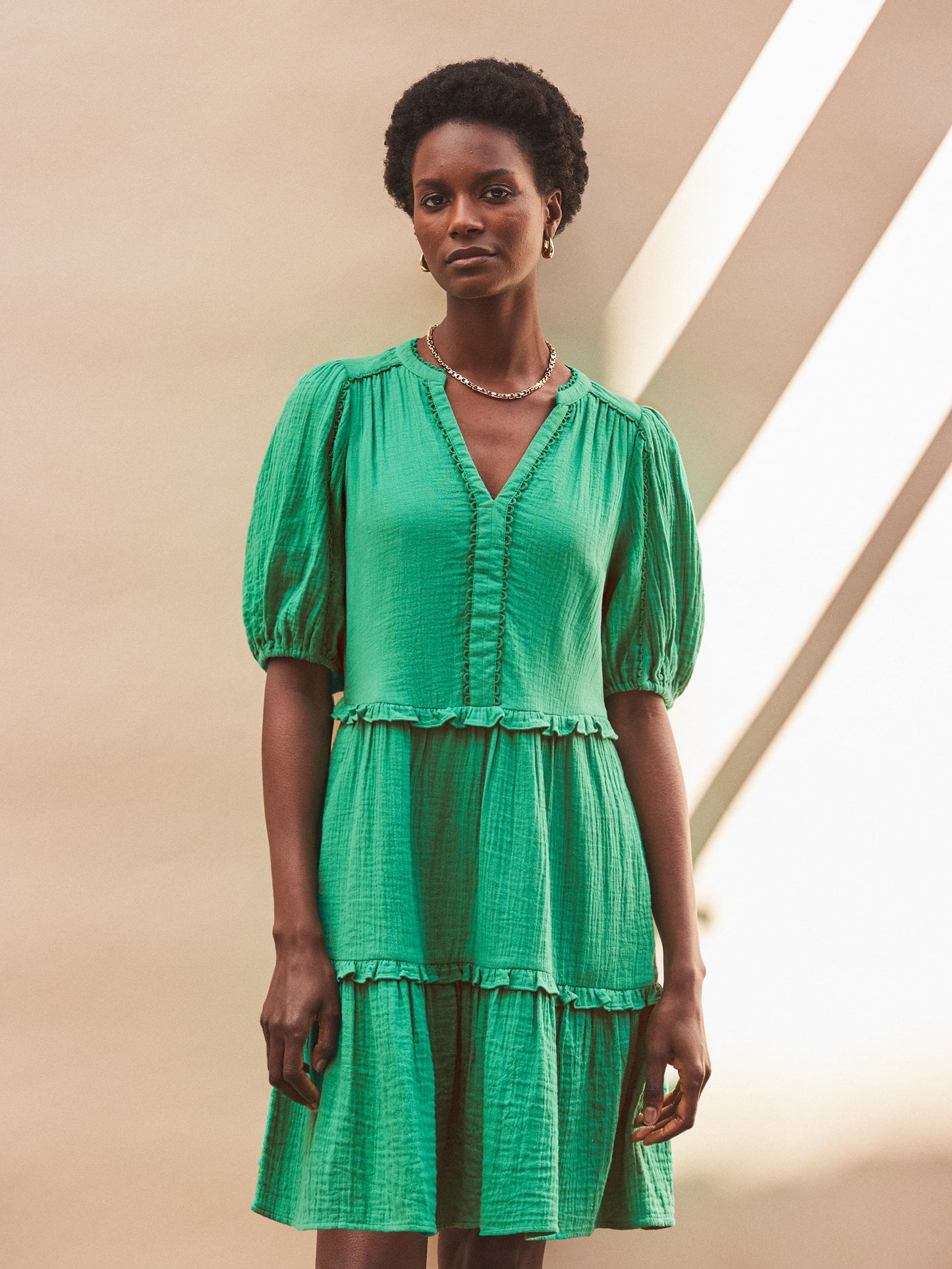 Green Frill-Detail Cheesecloth Mini Dress