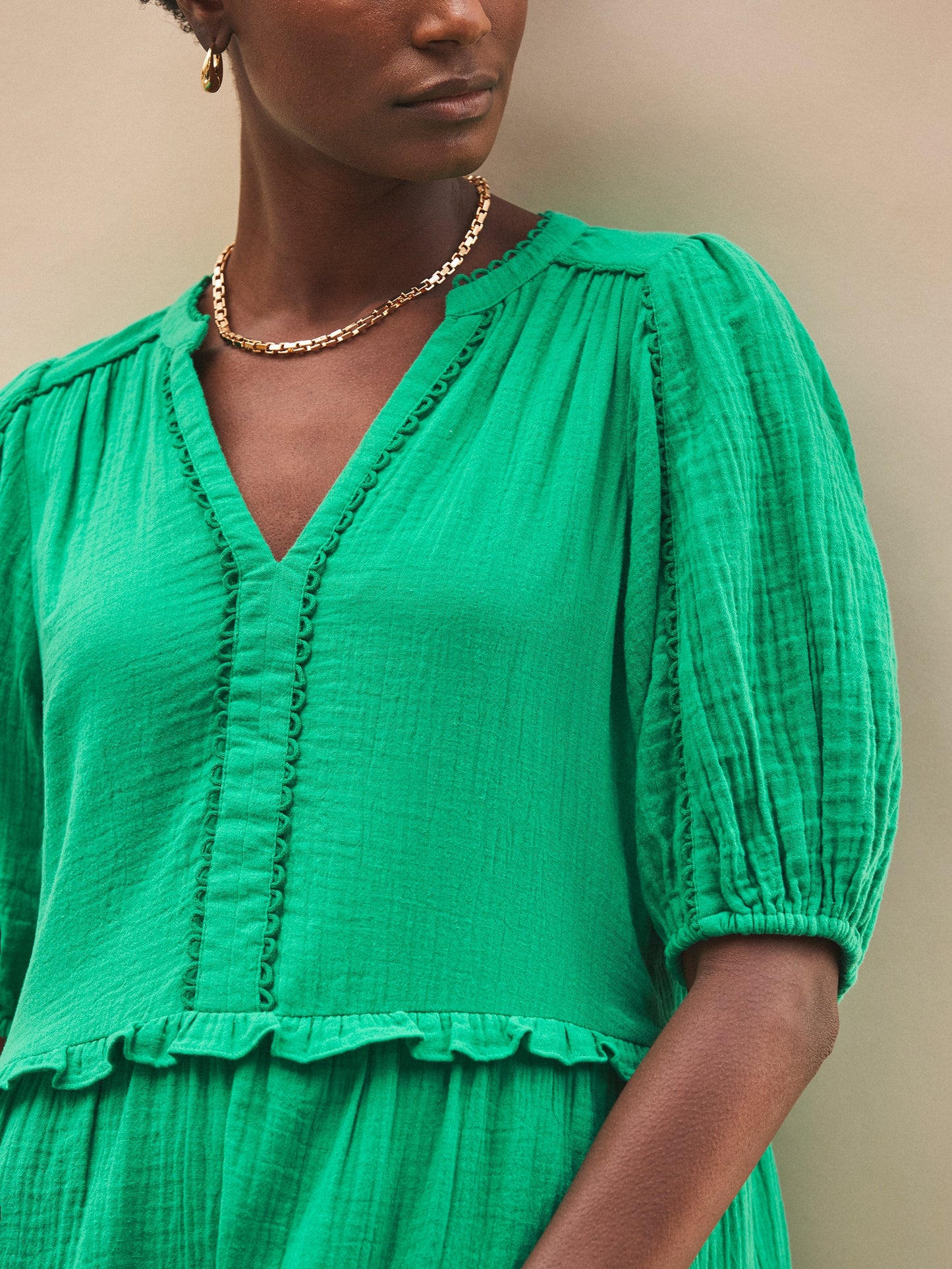 Green Frill-Detail Cheesecloth Mini Dress