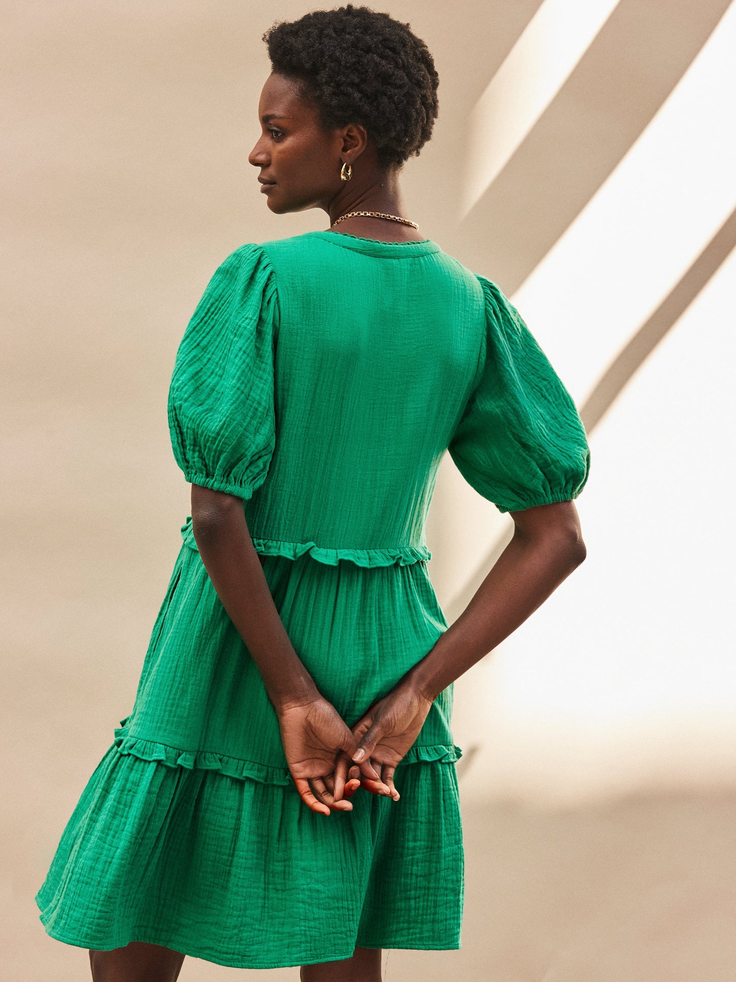 Petite Green Frill-Detail Cheesecloth Mini Dress