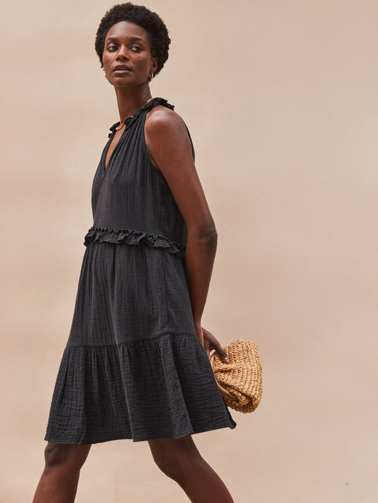 Petite Black Frill-Detail Halterneck Cheesecloth Mini Dress