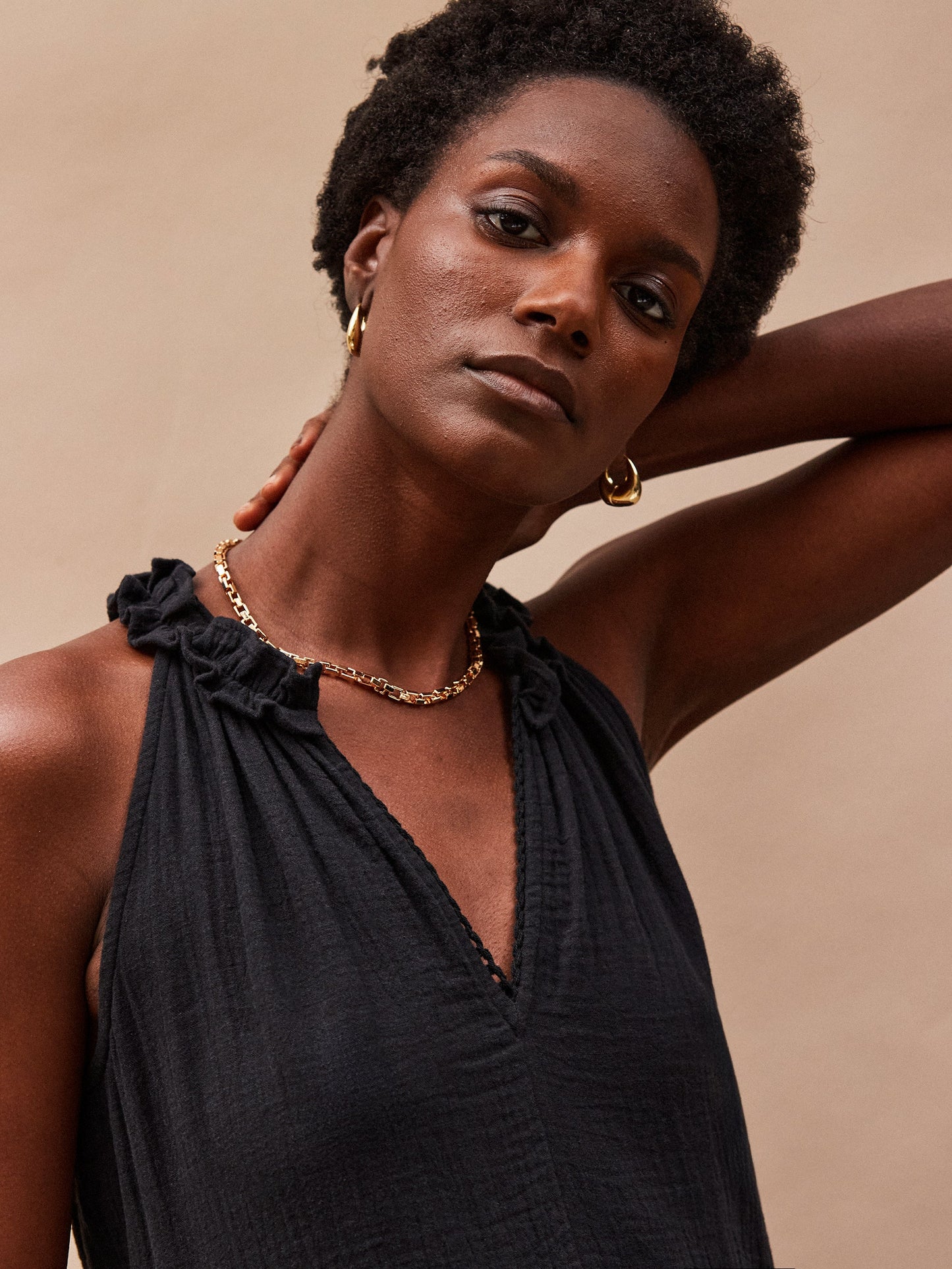 Black Frill-Detail Halterneck Cheesecloth Mini Dress