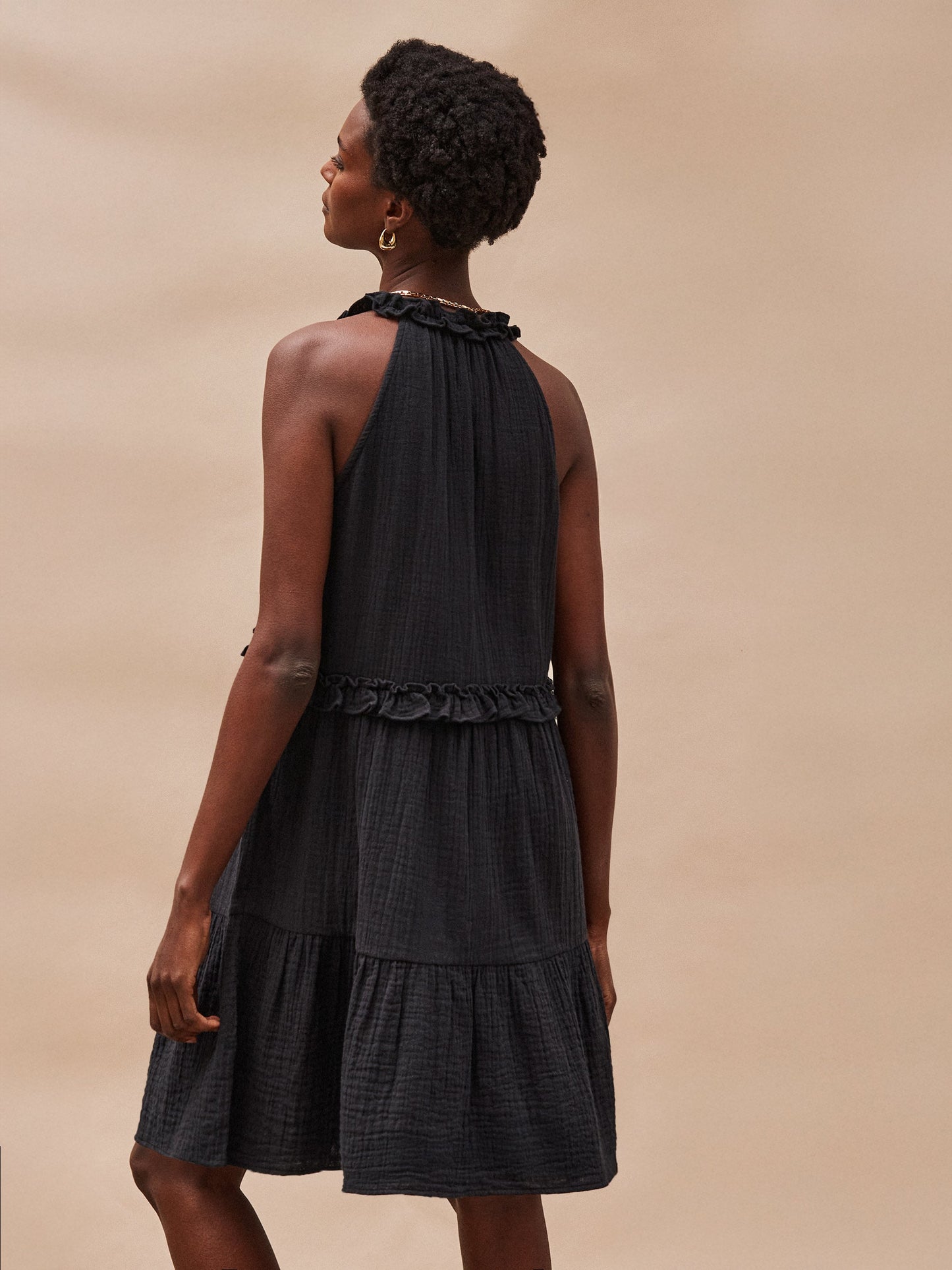 Black Frill-Detail Halterneck Cheesecloth Mini Dress