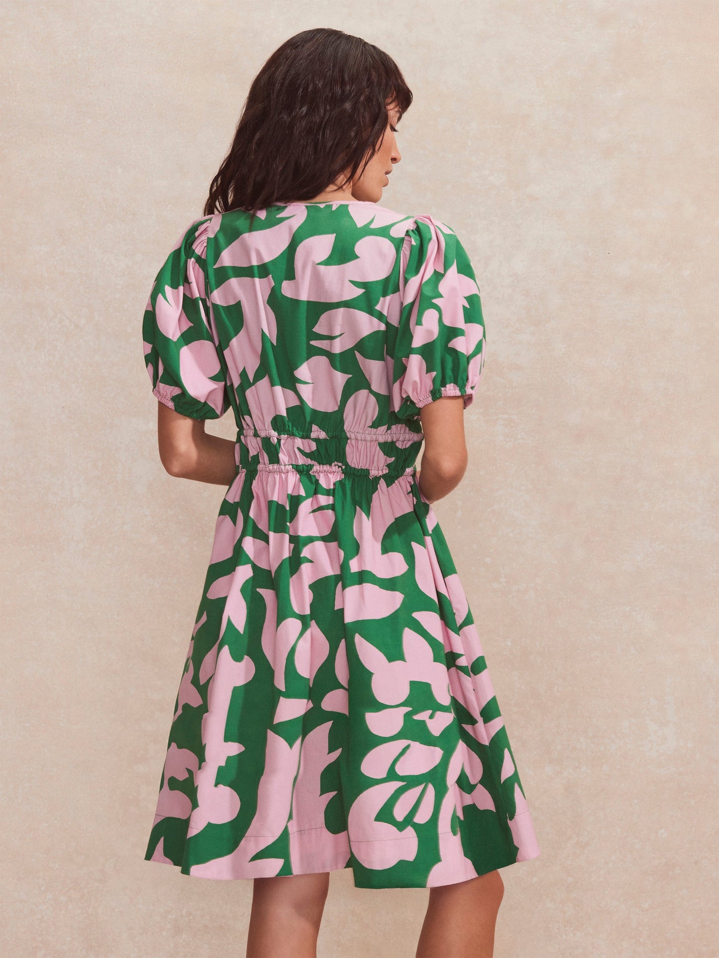 Pink and Green Abstract-Print Puff-Sleeve Mini Dress